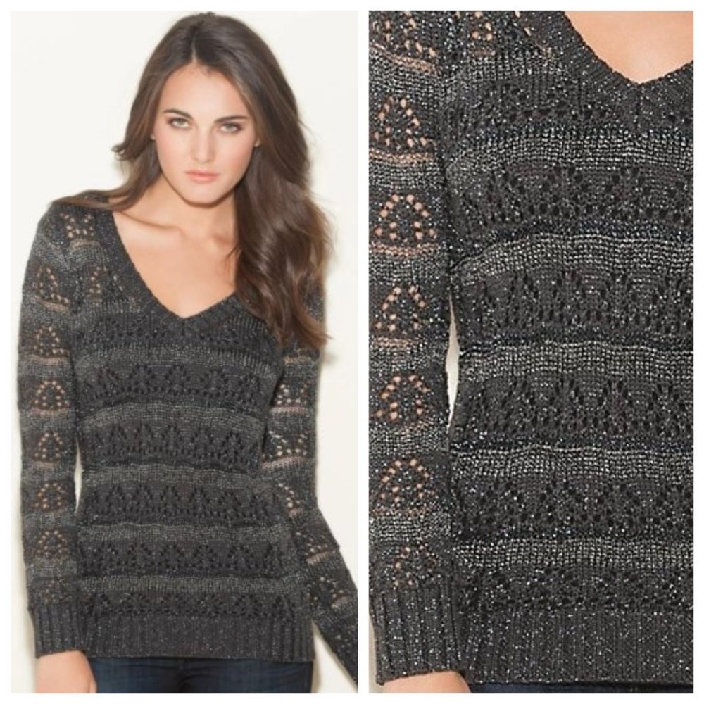 GUESS Grey Shimmer V Neck Striped Textured Sweater